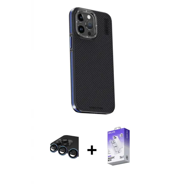 ieg™ iPhone 15 Pro Max Kılıf Kıvılcım Modern Özel Seri - Siyah Bilvis 5in1 3D Magic Cam Ekran Koruyucu + Raze Metal Kamera Lens - LT