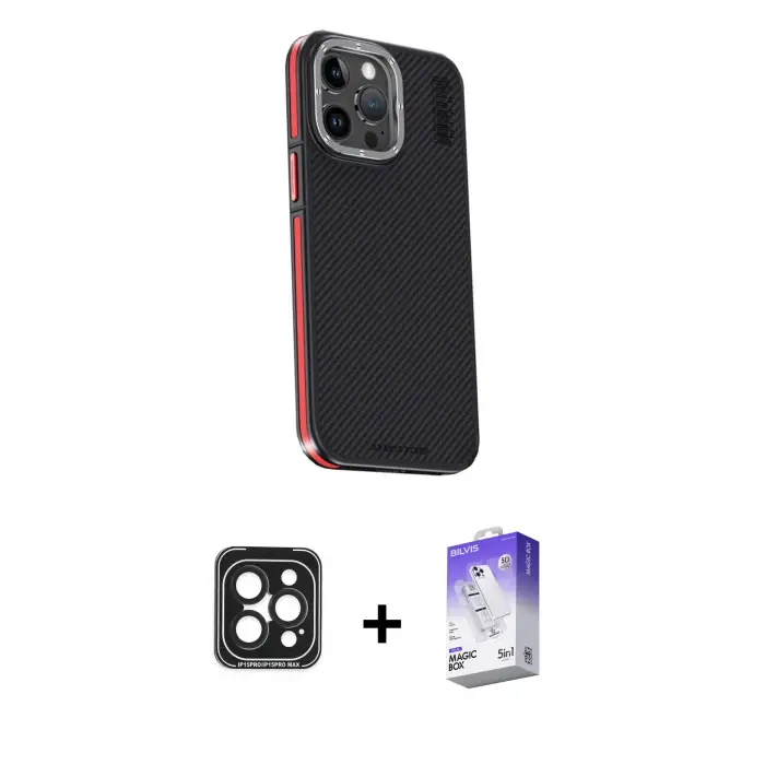ieg™ iPhone 15 Pro Max Kılıf Kıvılcım Modern Özel Seri - Siyah Bilvis 5in1 3D Magic Cam Ekran Koruyucu + PVD Metal Kamera Lens - SH
