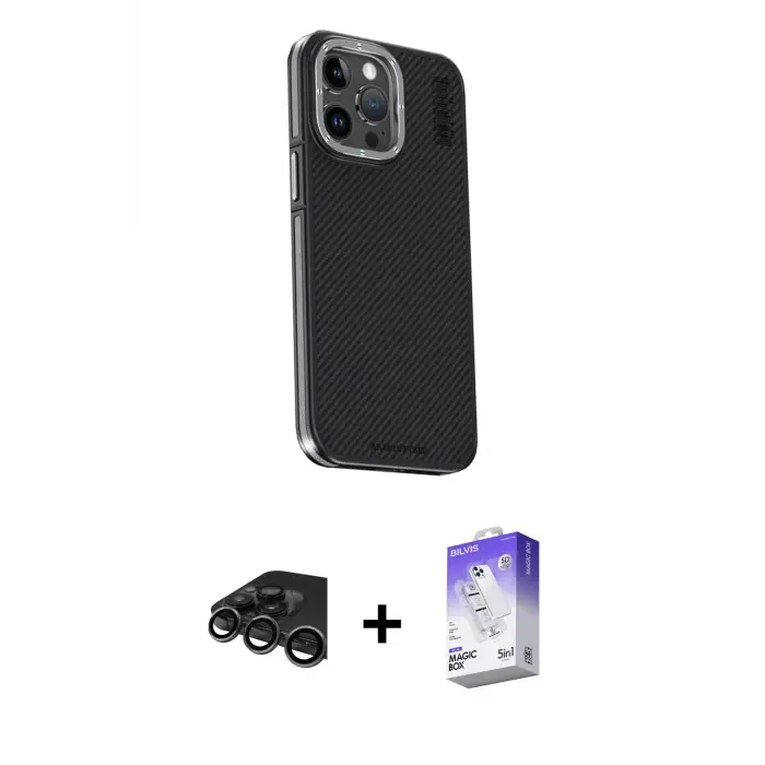 ieg™ iPhone 15 Pro Max Kılıf Kıvılcım Modern Özel Seri - Siyah Bilvis 5in1 3D Magic Cam Ekran Koruyucu + Raze Metal Kamera Lens - TMGI