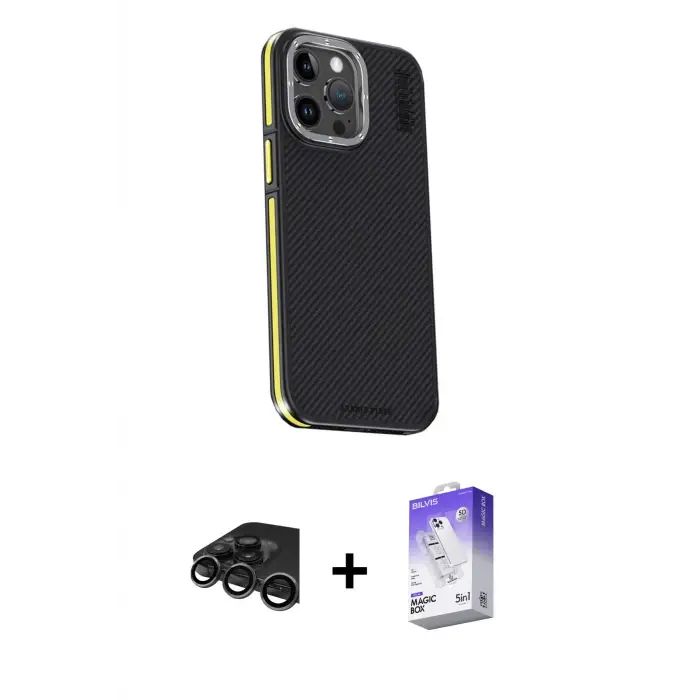 ieg™ iPhone 15 Pro Max Kılıf Kıvılcım Modern Özel Seri - Siyah Bilvis 5in1 3D Magic Cam Ekran Koruyucu + Raze Metal Kamera Lens - TMGI