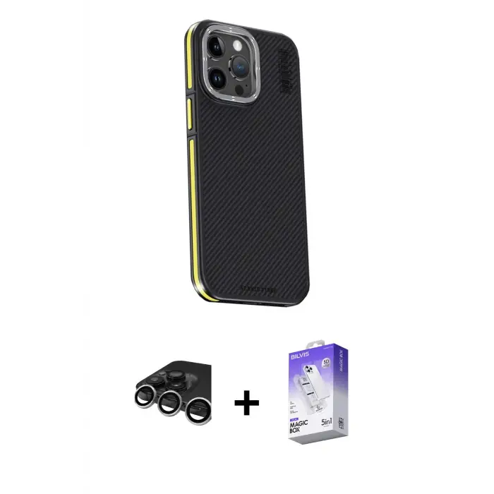 ieg™ iPhone 15 Pro Max Kılıf Kıvılcım Modern Özel Seri - Siyah Bilvis 5in1 3D Magic Cam Ekran Koruyucu + Raze Metal Kamera Lens - GS