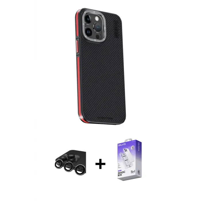 ieg™ iPhone 15 Pro Max Kılıf Kıvılcım Modern Özel Seri - Siyah Bilvis 5in1 3D Magic Cam Ekran Koruyucu + Raze Metal Kamera Lens - TMGI