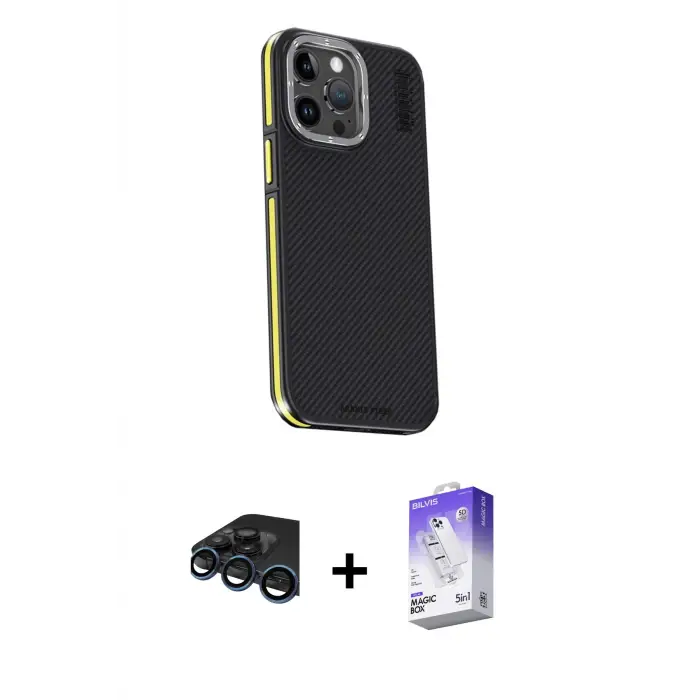 ieg™ iPhone 15 Pro Max Kılıf Kıvılcım Modern Özel Seri - Siyah Bilvis 5in1 3D Magic Cam Ekran Koruyucu + Raze Metal Kamera Lens - LT
