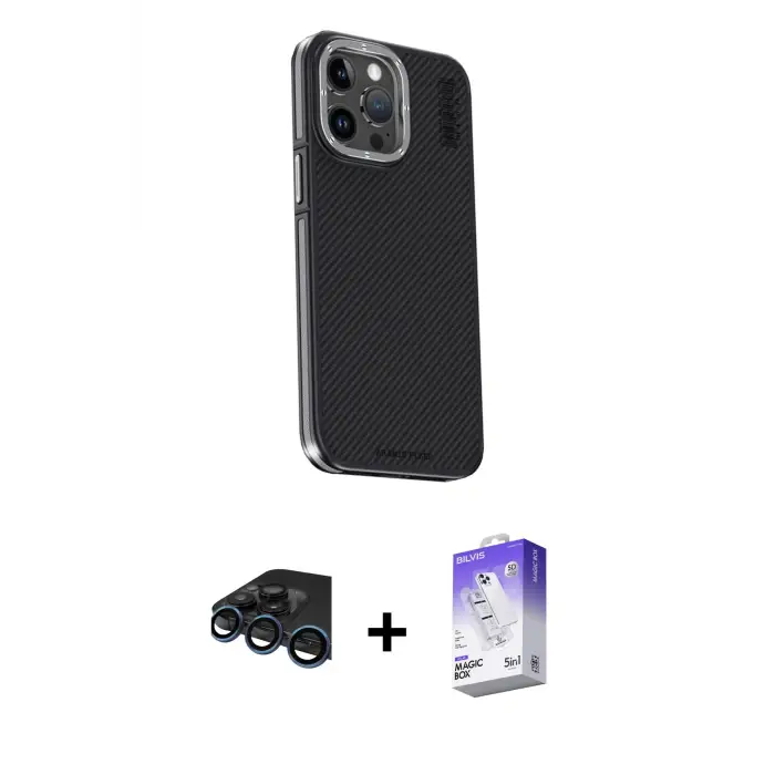 ieg™ iPhone 15 Pro Max Kılıf Kıvılcım Modern Özel Seri - Siyah Bilvis 5in1 3D Magic Cam Ekran Koruyucu + Raze Metal Kamera Lens - LT