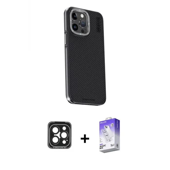 ieg™ iPhone 15 Pro Max Kılıf Kıvılcım Modern Özel Seri - Siyah Bilvis 5in1 3D Magic Cam Ekran Koruyucu + PVD Metal Kamera Lens - SH