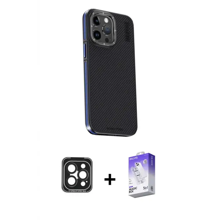 ieg™ iPhone 15 Pro Max Kılıf Kıvılcım Modern Özel Seri - Siyah Bilvis 5in1 3D Magic Cam Ekran Koruyucu + PVD Metal Kamera Lens - SH