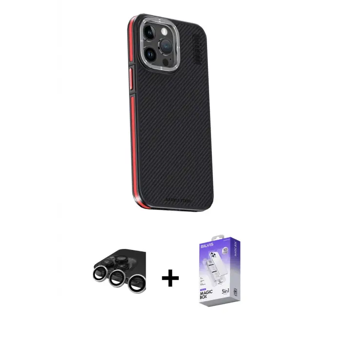 ieg™ iPhone 15 Pro Max Kılıf Kıvılcım Modern Özel Seri - Siyah Bilvis 5in1 3D Magic Cam Ekran Koruyucu + Raze Metal Kamera Lens - GS