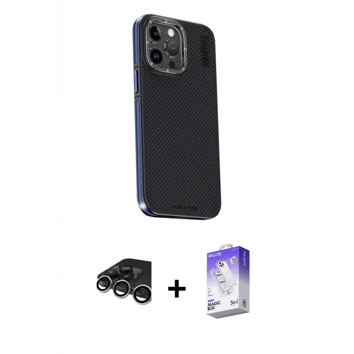 ieg™ iPhone 15 Pro Max Kılıf Kıvılcım Modern Özel Seri - Siyah Bilvis 5in1 3D Magic Cam Ekran Koruyucu + Raze Metal Kamera Lens - GS