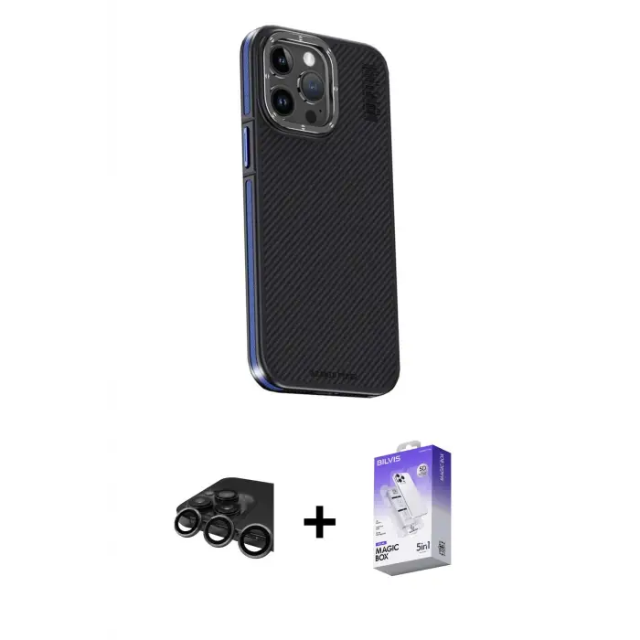 ieg™ iPhone 15 Pro Max Kılıf Kıvılcım Modern Özel Seri - Siyah Bilvis 5in1 3D Magic Cam Ekran Koruyucu + Raze Metal Kamera Lens - TMGI