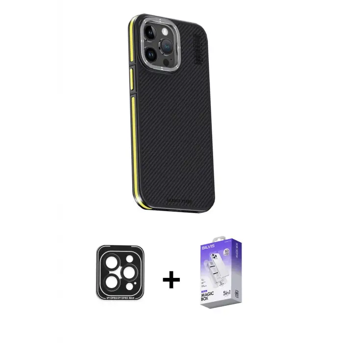 ieg™ iPhone 15 Pro Max Kılıf Kıvılcım Modern Özel Seri - Siyah Bilvis 5in1 3D Magic Cam Ekran Koruyucu + PVD Metal Kamera Lens - SH