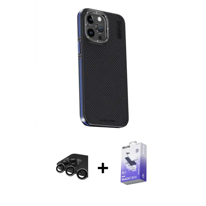 ieg™ iPhone 15 Pro Max Kılıf Kıvılcım Modern Özel Seri - Siyah Bilvis 5in1 5D Magic Hayalet Cam Ekran Koruyucu + Raze Metal Kamera Lens - TMGI