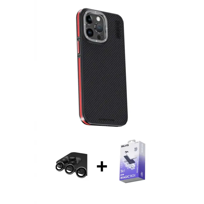 ieg™ iPhone 15 Pro Max Kılıf Kıvılcım Modern Özel Seri - Siyah Bilvis 5in1 5D Magic Hayalet Cam Ekran Koruyucu + Raze Metal Kamera Lens - TMGI