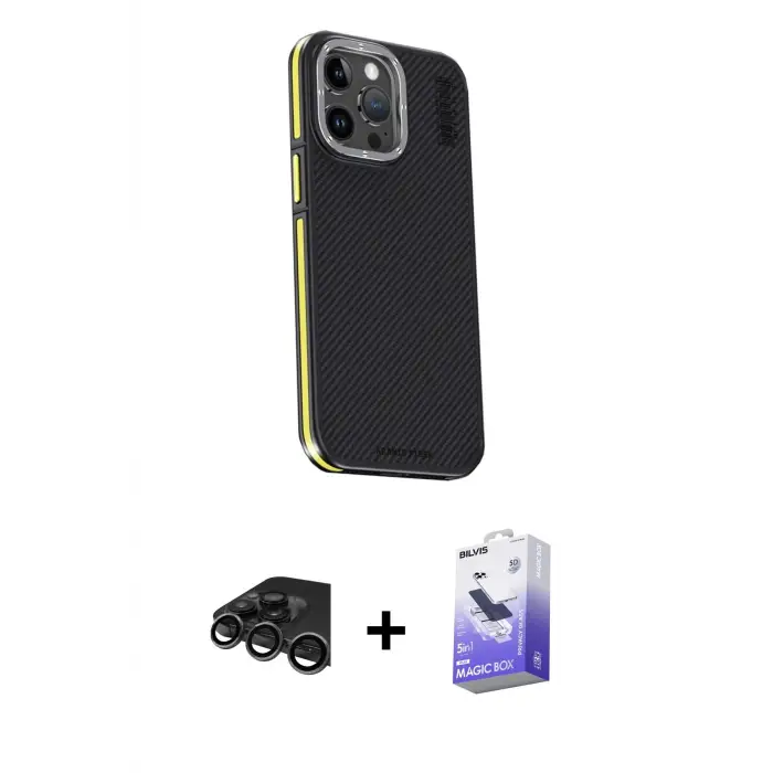 ieg™ iPhone 15 Pro Max Kılıf Kıvılcım Modern Özel Seri - Siyah Bilvis 5in1 5D Magic Hayalet Cam Ekran Koruyucu + Raze Metal Kamera Lens - TMGI