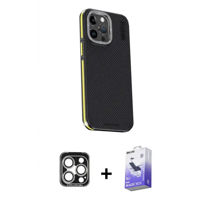 ieg™ iPhone 15 Pro Max Kılıf Kıvılcım Modern Özel Seri - Siyah Bilvis 5in1 5D Magic Hayalet Cam Ekran Koruyucu + PVD Metal Kamera Lens - GS