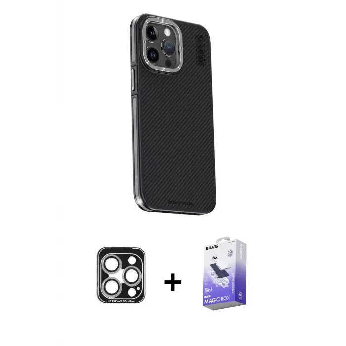 ieg™ iPhone 15 Pro Max Kılıf Kıvılcım Modern Özel Seri - Siyah Bilvis 5in1 5D Magic Hayalet Cam Ekran Koruyucu + PVD Metal Kamera Lens - GS