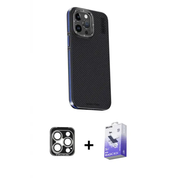 ieg™ iPhone 15 Pro Max Kılıf Kıvılcım Modern Özel Seri - Siyah Bilvis 5in1 5D Magic Hayalet Cam Ekran Koruyucu + PVD Metal Kamera Lens - GS