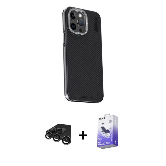 ieg™ iPhone 15 Pro Max Kılıf Kıvılcım Modern Özel Seri - Siyah Bilvis 5in1 5D Magic Hayalet Cam Ekran Koruyucu + Raze Metal Kamera Lens - TMGI