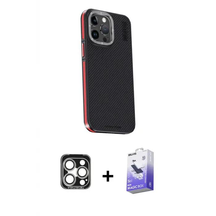 ieg™ iPhone 15 Pro Max Kılıf Kıvılcım Modern Özel Seri - Siyah Bilvis 5in1 5D Magic Hayalet Cam Ekran Koruyucu + PVD Metal Kamera Lens - GS