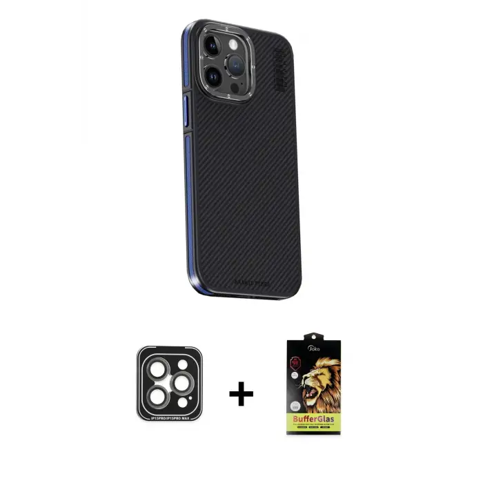 ieg™ iPhone 15 Pro Max Kılıf Kıvılcım Modern Özel Seri - Siyah Buffer Cam Ekran Koruyucu + PVD Metal Kamera Lens - GI