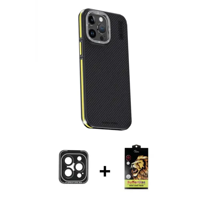 ieg™ iPhone 15 Pro Max Kılıf Kıvılcım Modern Özel Seri - Siyah Buffer Cam Ekran Koruyucu + PVD Metal Kamera Lens - SH