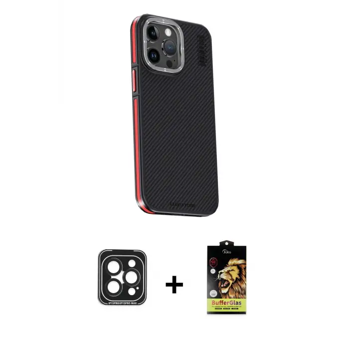ieg™ iPhone 15 Pro Max Kılıf Kıvılcım Modern Özel Seri - Siyah Buffer Cam Ekran Koruyucu + PVD Metal Kamera Lens - SH