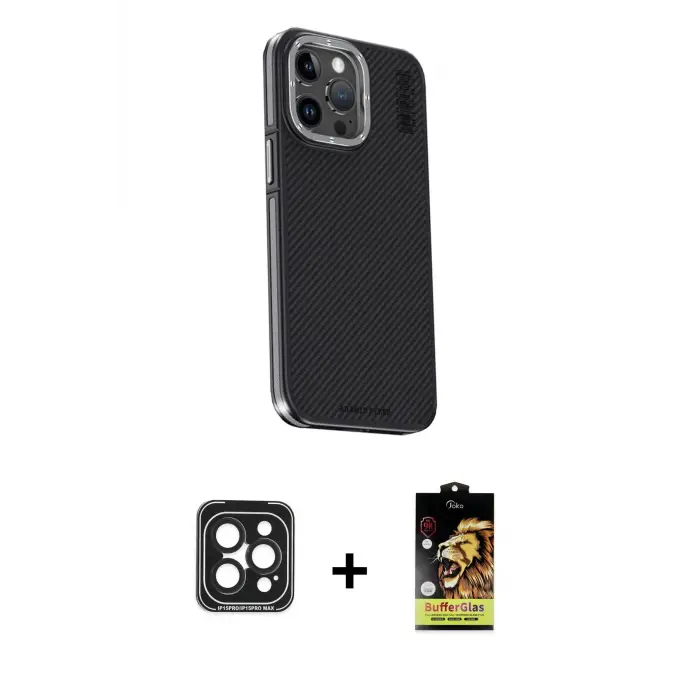 ieg™ iPhone 15 Pro Max Kılıf Kıvılcım Modern Özel Seri - Siyah Buffer Cam Ekran Koruyucu + PVD Metal Kamera Lens - SH
