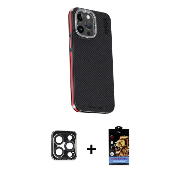 ieg™ iPhone 15 Pro Max Kılıf Kıvılcım Modern Özel Seri - Siyah Buffer Hayalet Cam Ekran Koruyucu + PVD Metal Kamera Lens - LT