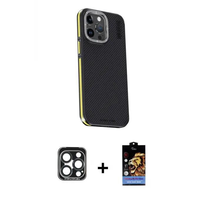 ieg™ iPhone 15 Pro Max Kılıf Kıvılcım Modern Özel Seri - Siyah Buffer Hayalet Cam Ekran Koruyucu + PVD Metal Kamera Lens - LT