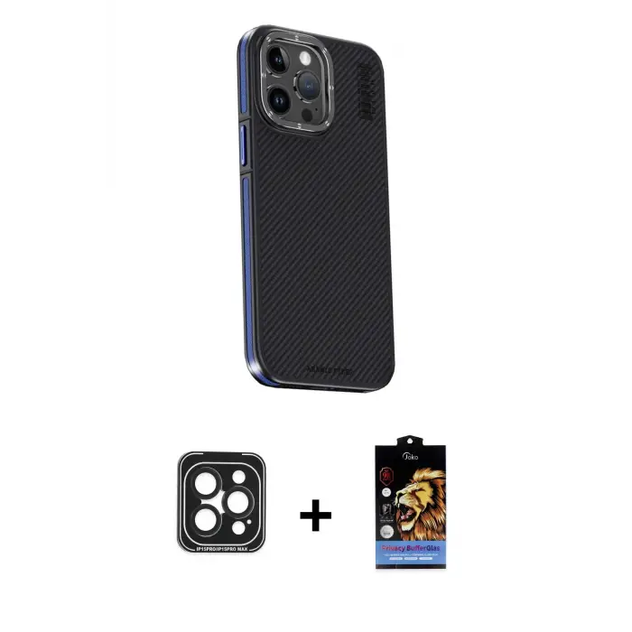 ieg™ iPhone 15 Pro Max Kılıf Kıvılcım Modern Özel Seri - Siyah Buffer Hayalet Cam Ekran Koruyucu + PVD Metal Kamera Lens - SH