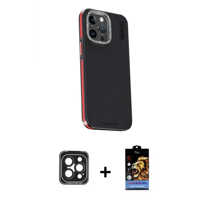 ieg™ iPhone 15 Pro Max Kılıf Kıvılcım Modern Özel Seri - Siyah Buffer Hayalet Cam Ekran Koruyucu + PVD Metal Kamera Lens - SH