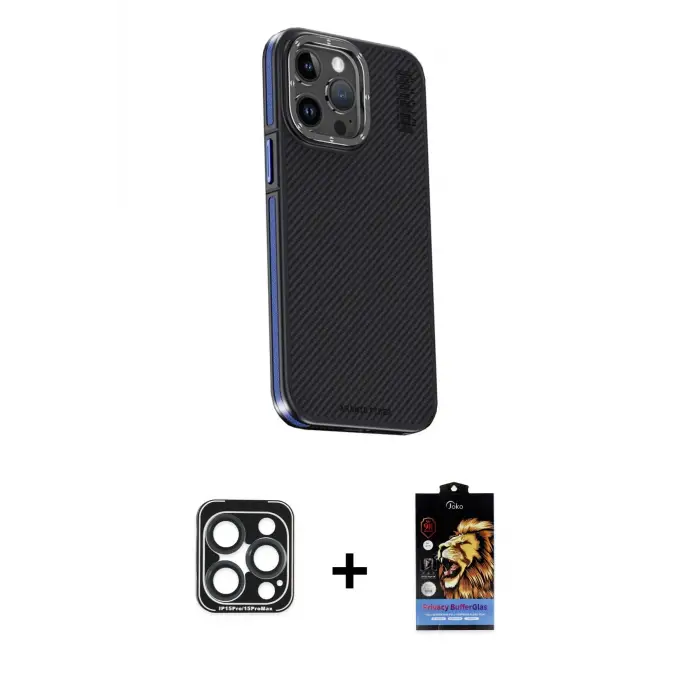 ieg™ iPhone 15 Pro Max Kılıf Kıvılcım Modern Özel Seri - Siyah Buffer Hayalet Cam Ekran Koruyucu + PVD Metal Kamera Lens - LT