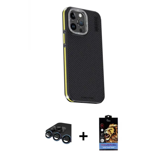 ieg™ iPhone 15 Pro Max Kılıf Kıvılcım Modern Özel Seri - Siyah Buffer Hayalet Cam Ekran Koruyucu + Raze Metal Kamera Lens - LT