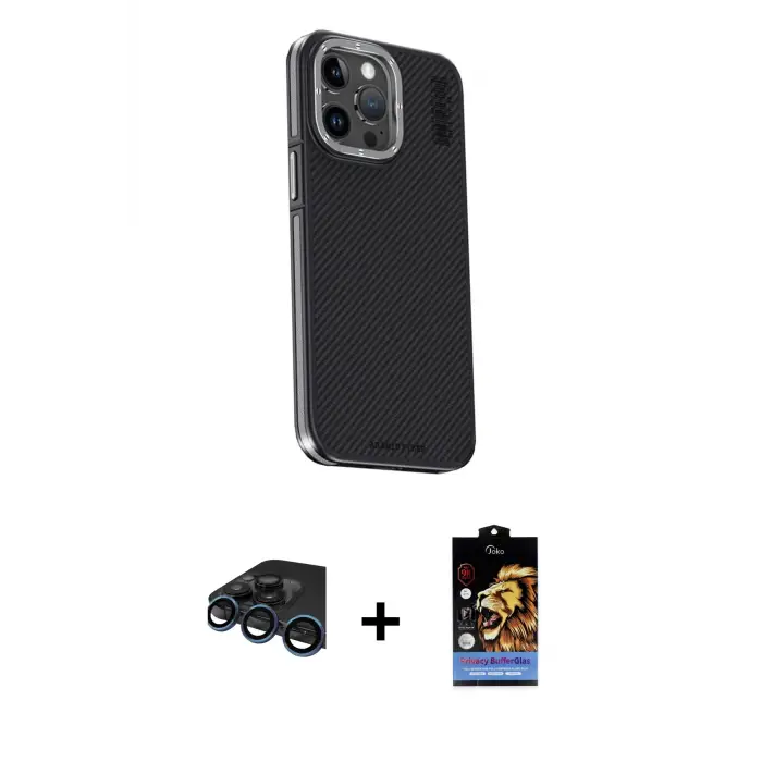 ieg™ iPhone 15 Pro Max Kılıf Kıvılcım Modern Özel Seri - Siyah Buffer Hayalet Cam Ekran Koruyucu + Raze Metal Kamera Lens - LT