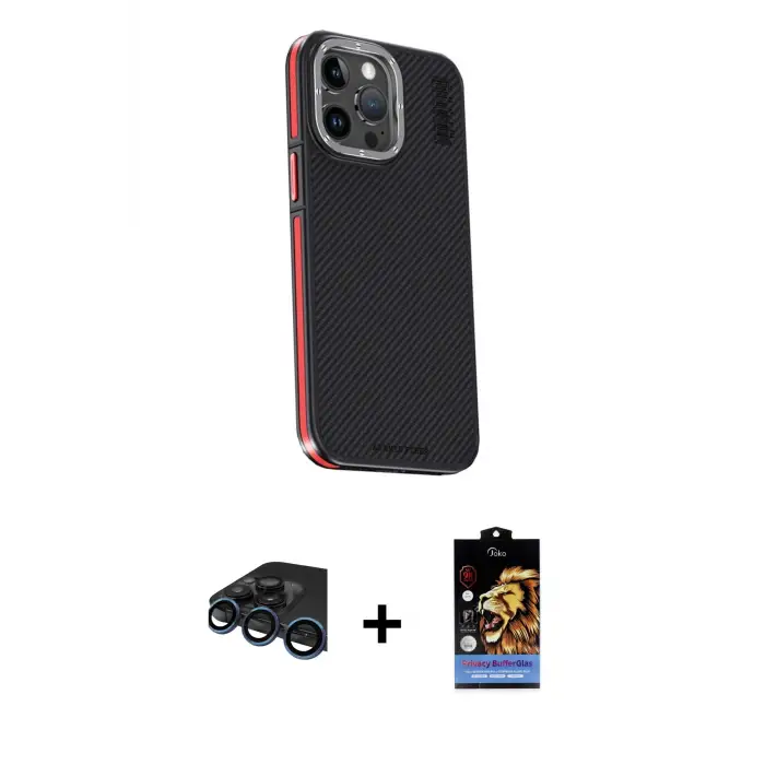 ieg™ iPhone 15 Pro Max Kılıf Kıvılcım Modern Özel Seri - Siyah Buffer Hayalet Cam Ekran Koruyucu + Raze Metal Kamera Lens - LT