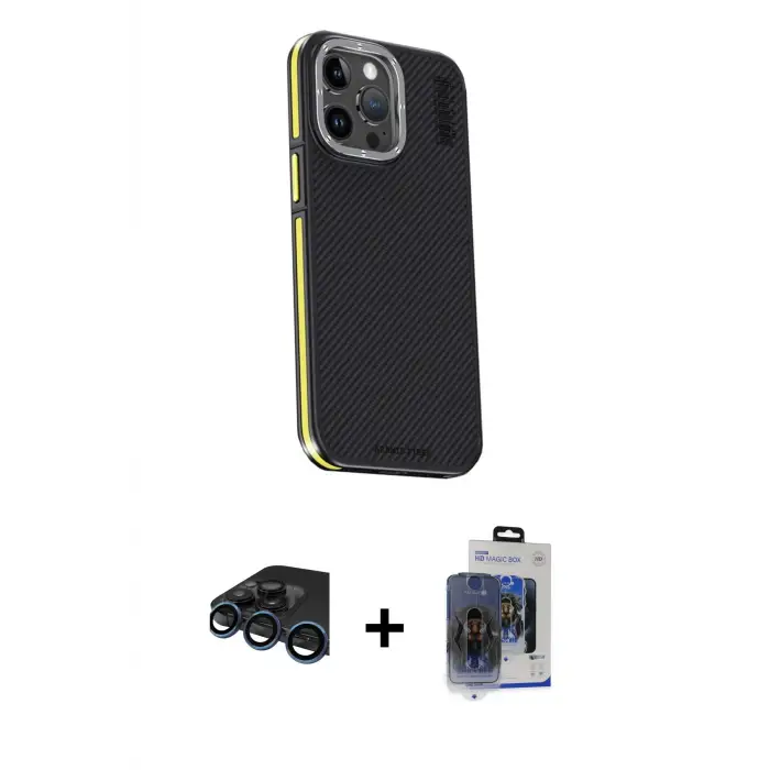 ieg™ iPhone 15 Pro Max Kılıf Kıvılcım Modern Özel Seri - Siyah Vanessa Magic Cam + Raze Metal Kamera Lens - LT