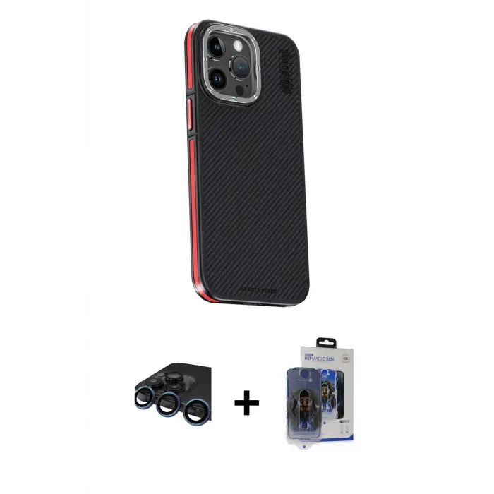 ieg™ iPhone 15 Pro Max Kılıf Kıvılcım Modern Özel Seri - Siyah Vanessa Magic Cam + Raze Metal Kamera Lens - LT