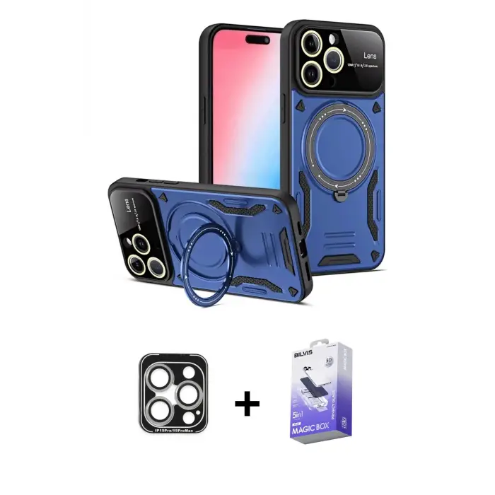 ieg™ iPhone 15 Pro Max Kılıf Kıvılcım Modern Serisi - Siyah Bilvis 5in1 5D Magic Hayalet Cam Ekran Koruyucu + PVD Metal Kamera Lens - GS