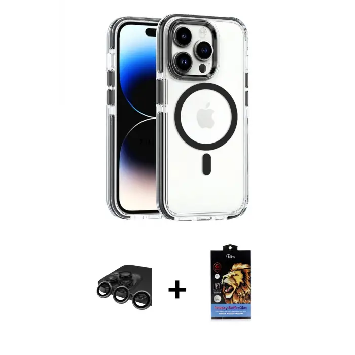 ieg™ iPhone 15 Pro Max Kılıf Kozmos Doku Koleksiyonu - Siyah Buffer Hayalet Cam Ekran Koruyucu + Raze Metal Kamera Lens - TMGI