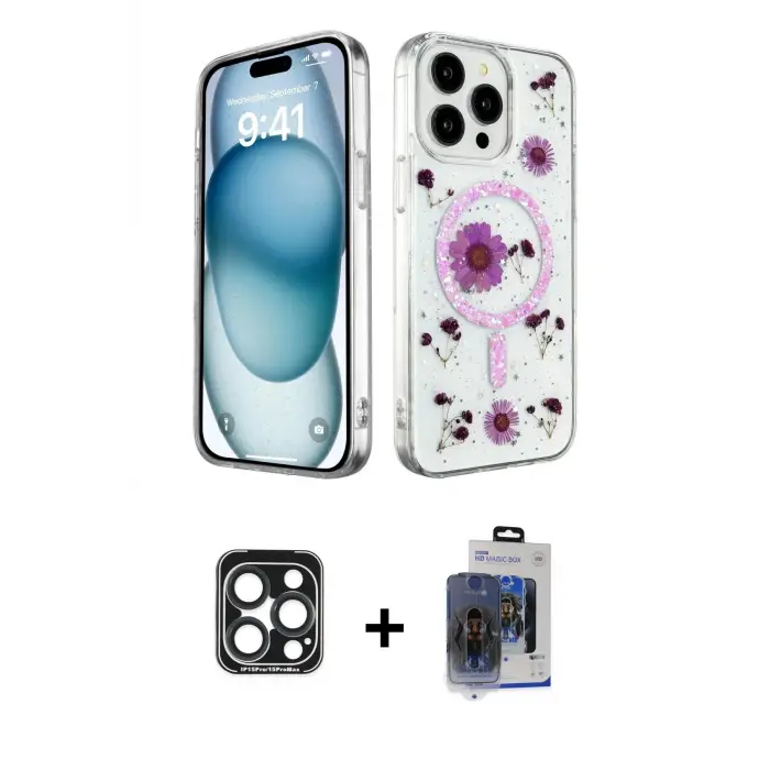 ieg™ iPhone 15 Pro Max Kılıf Kozmos Doku - Siyah Vanessa Magic Cam + PVD Metal Kamera Lens - LT