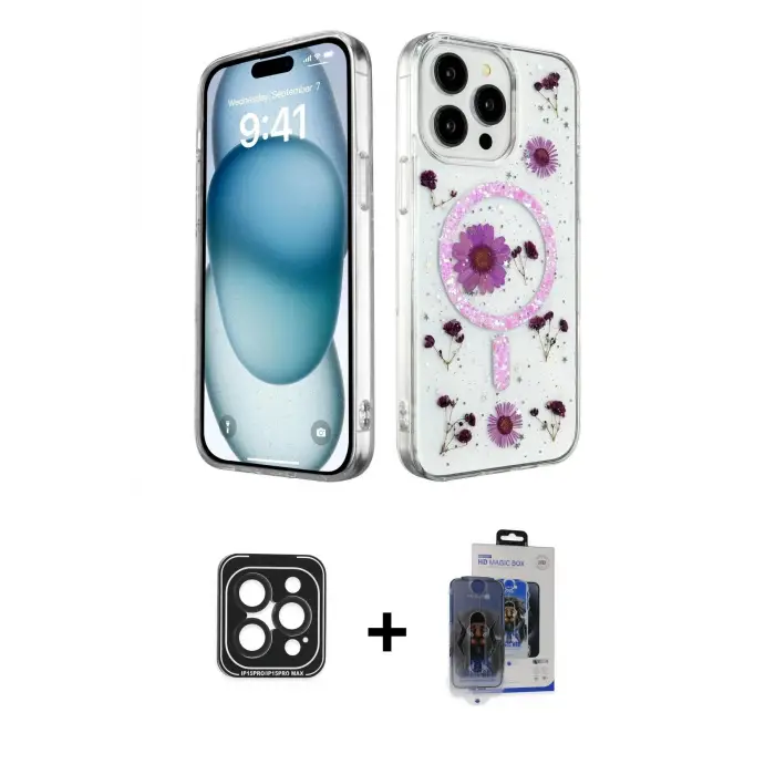ieg™ iPhone 15 Pro Max Kılıf Kozmos Doku - Siyah Vanessa Magic Cam + PVD Metal Kamera Lens - SH
