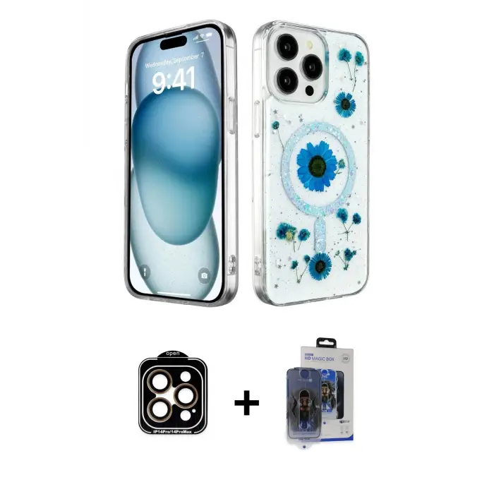 ieg™ iPhone 15 Pro Max Kılıf Kozmos Doku - Siyah Vanessa Magic Cam + PVD Metal Kamera Lens - TU