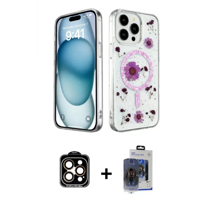 ieg™ iPhone 15 Pro Max Kılıf Kozmos Doku - Siyah Vanessa Magic Cam + PVD Metal Kamera Lens - TU