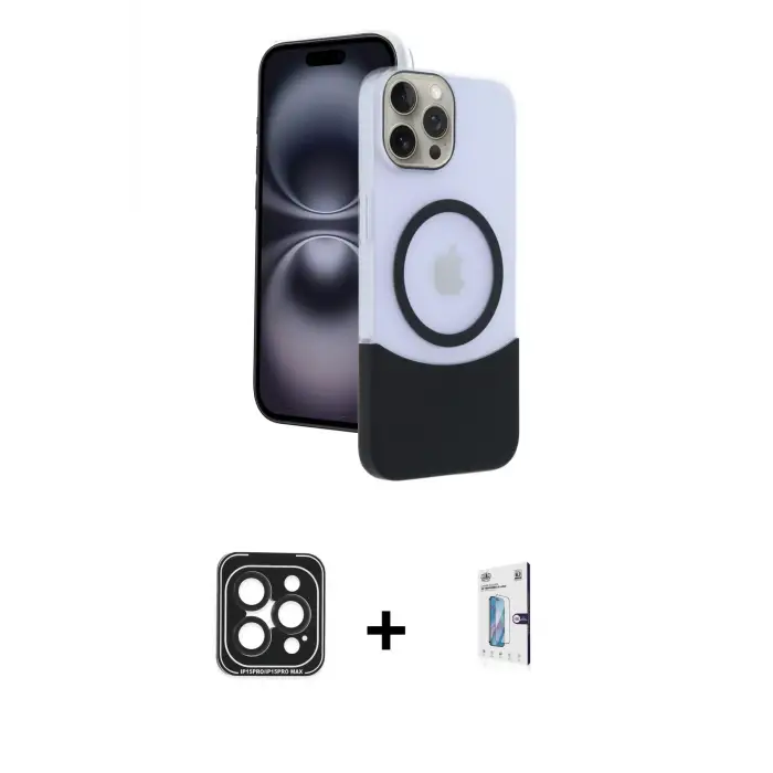 ieg™ iPhone 15 Pro Max Kılıf Kozmos Form Özel Seri - Siyah Bilvis 0.18mm Plus Cam Ekran Koruyucu + PVD Metal Kamera Lens - SH