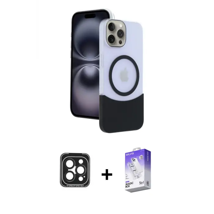 ieg™ iPhone 15 Pro Max Kılıf Kozmos Form Özel Seri - Siyah Bilvis 5in1 3D Magic Cam Ekran Koruyucu + PVD Metal Kamera Lens - SH
