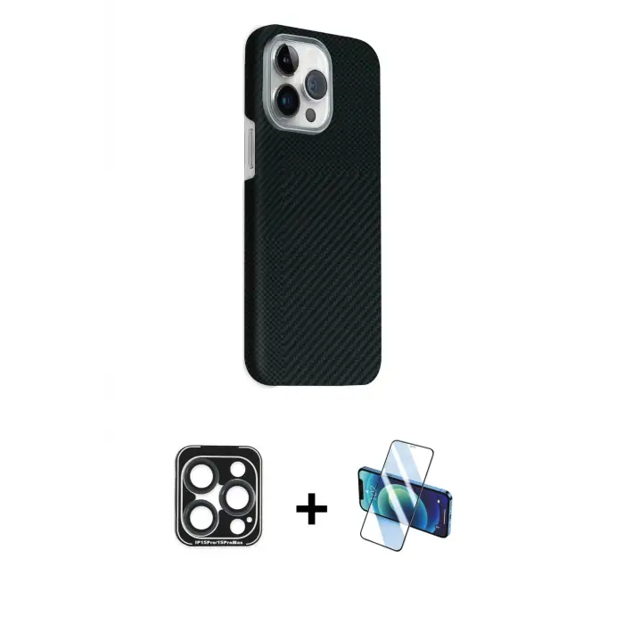 ieg™ iPhone 15 Pro Max Kılıf Kozmos Klasik Prime - Siyah 3D Antistatik Seramik Nano Ekran Koruyucu + PVD Metal Kamera Lens - LT