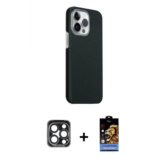 ieg™ iPhone 15 Pro Max Kılıf Kozmos Klasik Prime - Siyah Buffer Hayalet Cam Ekran Koruyucu + PVD Metal Kamera Lens - LT