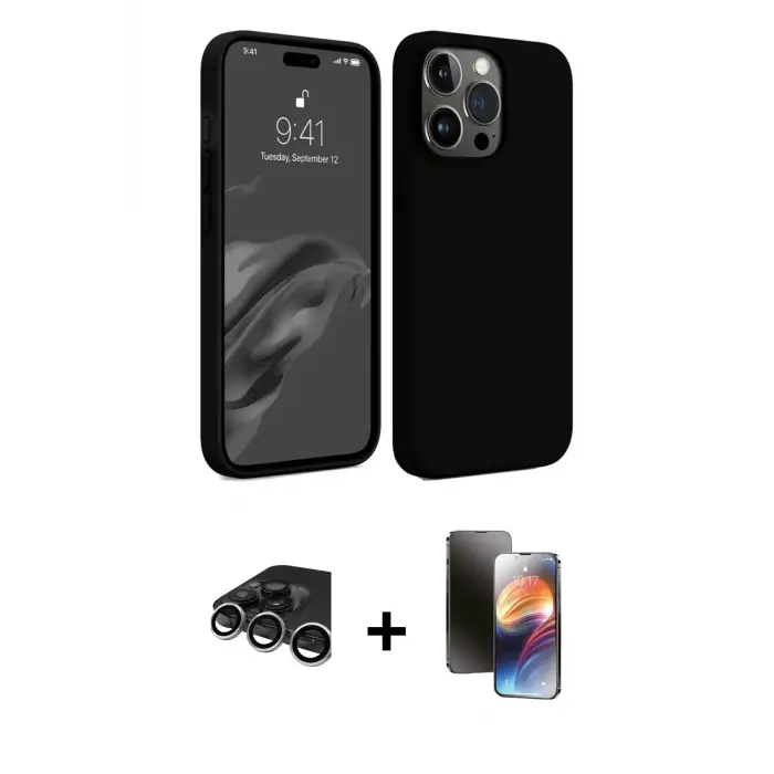 ieg™ iPhone 15 Pro Max Kılıf Kozmos Yansıma Özel Seri - Siyah 3D Antistatik Mat Seramik Nano Ekran Koruyucu + Raze Metal Kamera Lens - GS