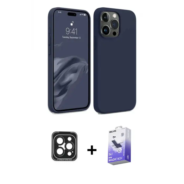 ieg™ iPhone 15 Pro Max Kılıf Kozmos Yansıma Özel Seri - Siyah Bilvis 5in1 5D Magic Hayalet Cam Ekran Koruyucu + PVD Metal Kamera Lens - SH
