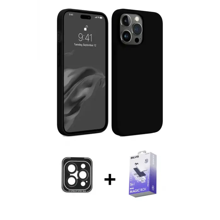 ieg™ iPhone 15 Pro Max Kılıf Kozmos Yansıma Özel Seri - Siyah Bilvis 5in1 5D Magic Hayalet Cam Ekran Koruyucu + PVD Metal Kamera Lens - SH