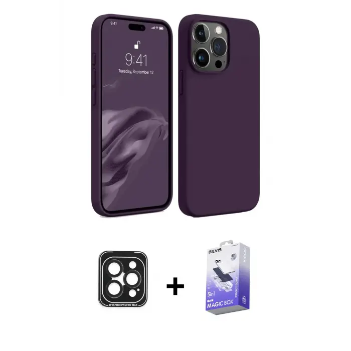 ieg™ iPhone 15 Pro Max Kılıf Kozmos Yansıma Özel Seri - Siyah Bilvis 5in1 5D Magic Hayalet Cam Ekran Koruyucu + PVD Metal Kamera Lens - SH